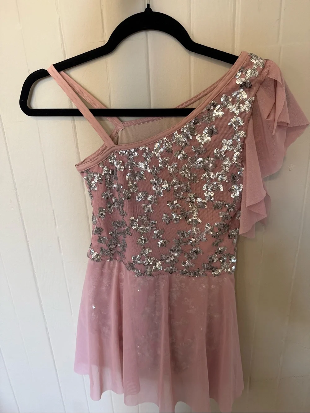 Girls Pink Sequin One-Shoulder Dance Dress